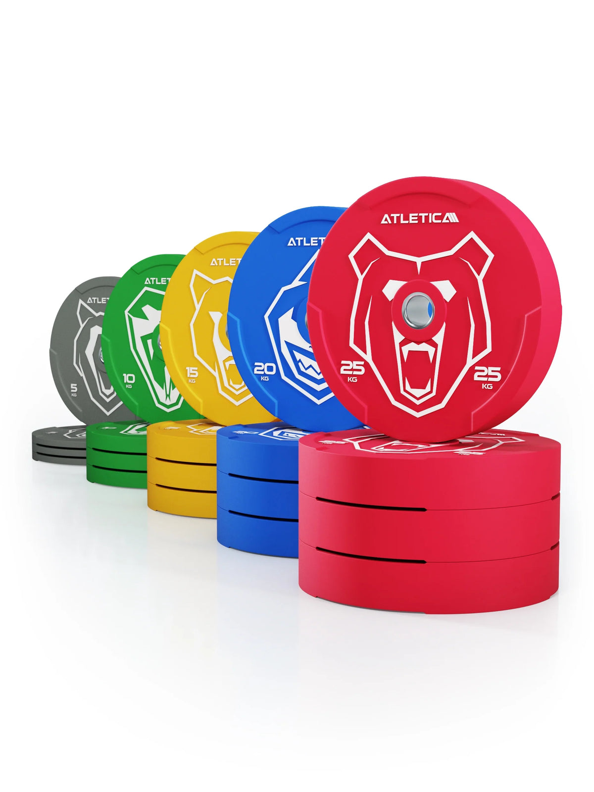 Atletica Animal bumper plates set 661 lb, stacks of all five colors, angled view