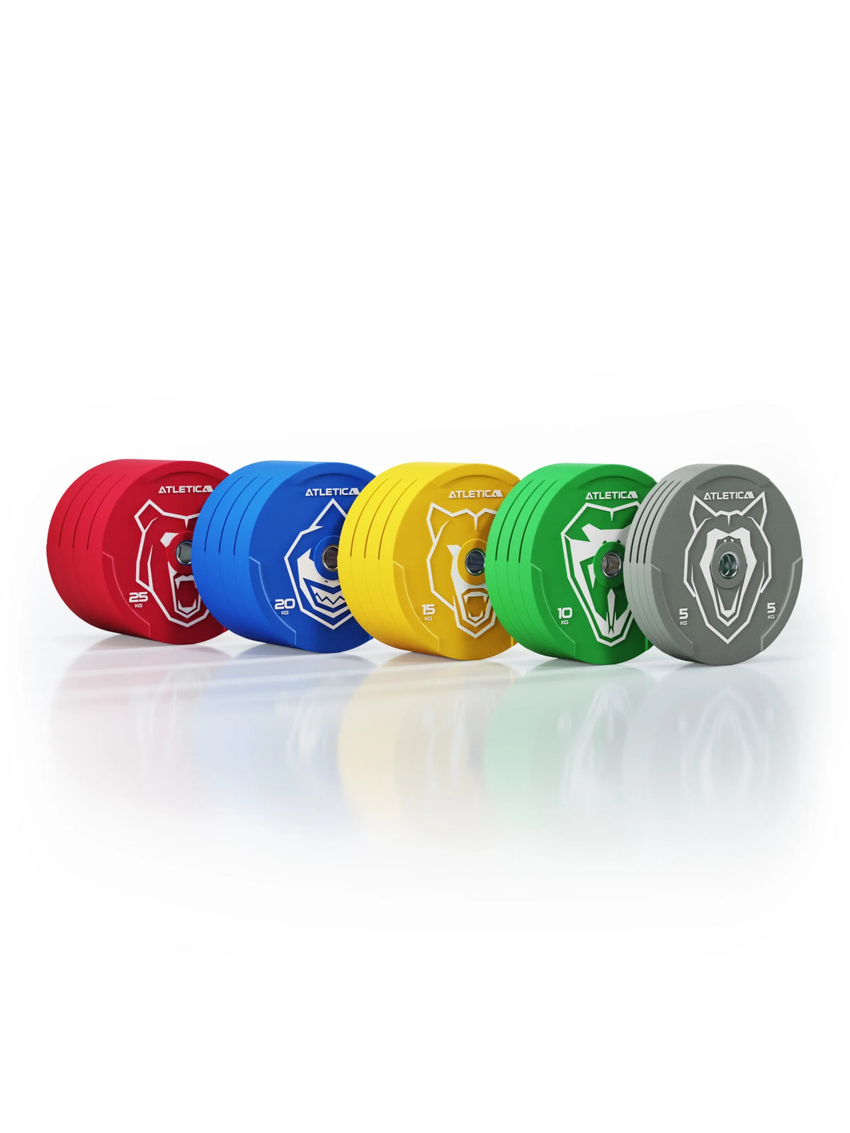 Atletica Animal bumper plates set 661 lb, all five plate colors, front view