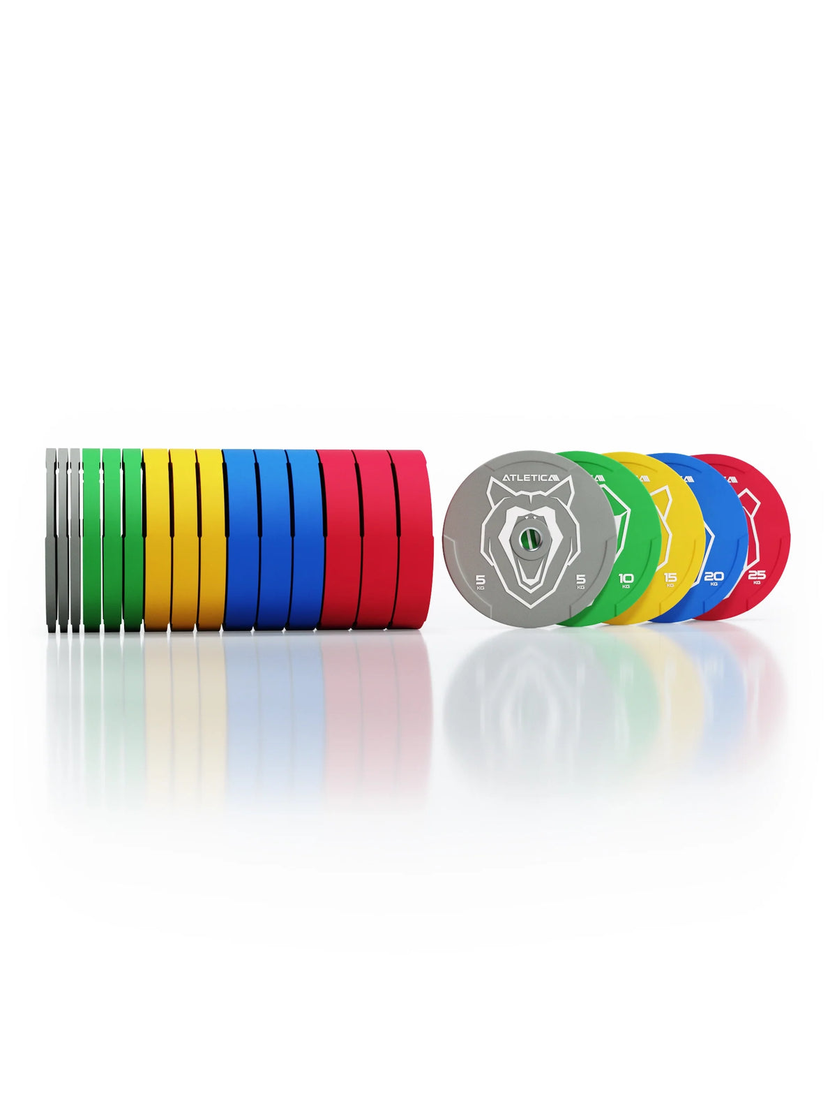 Atletica Animal bumper plates set 661 lb, plates standing upright and side by side