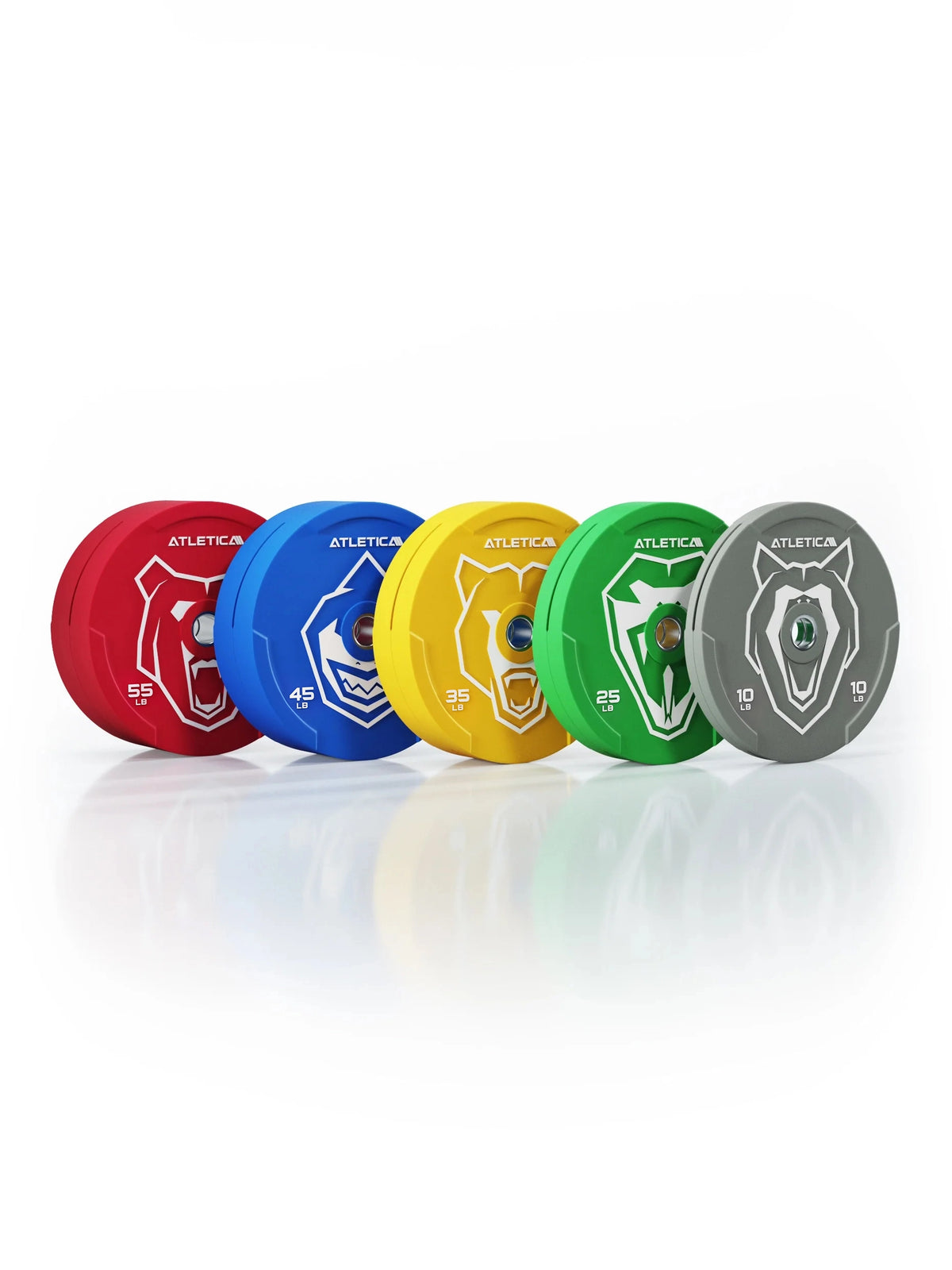 Animal Bumper Plates SET - five colorful weight plates, weights: 55 lb, 45 lb, 35 lb, 25 lb, 10 lb