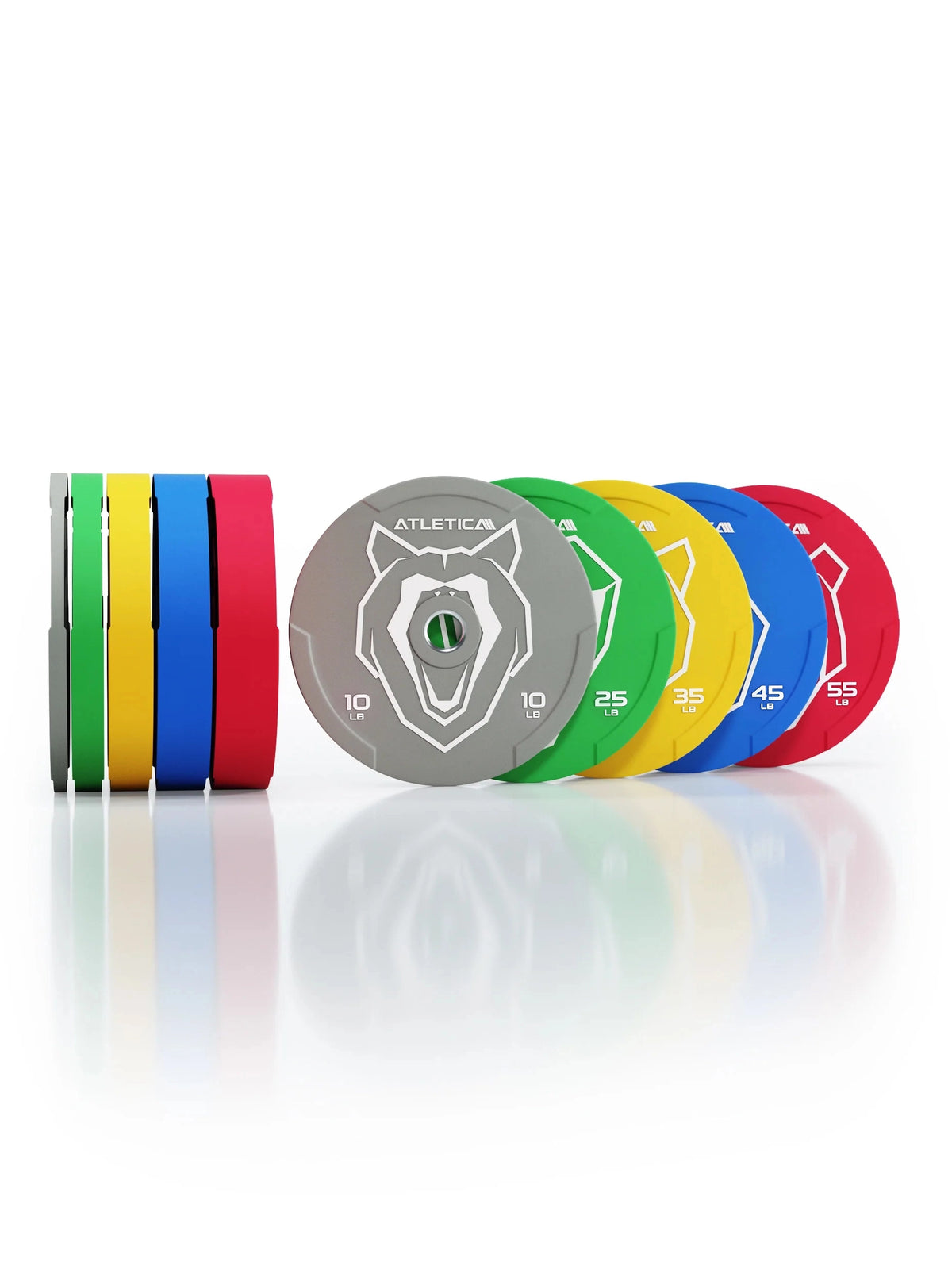 Animal Bumper Plates SET - colorful weight plates, weights 10-55 lb, reflective surface