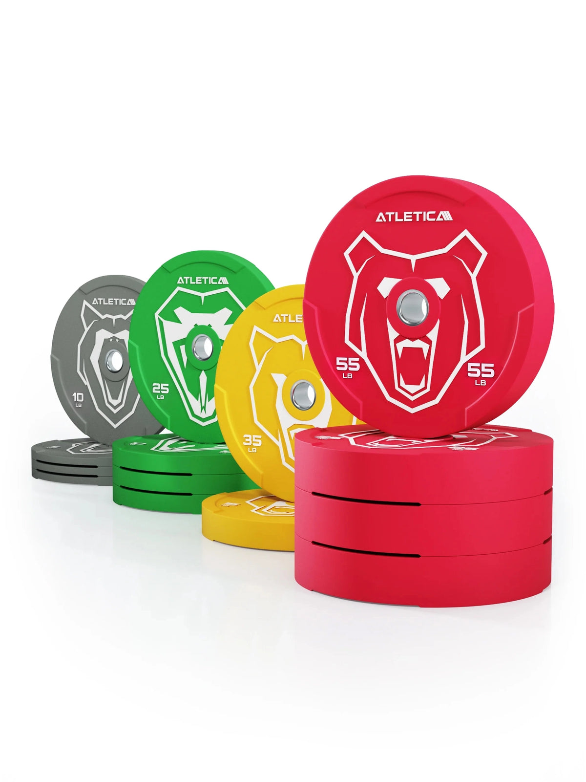 Atletica Animal Bumper Plates SET - colorful weight plates in red, yellow, green, gray, 410 lb Set