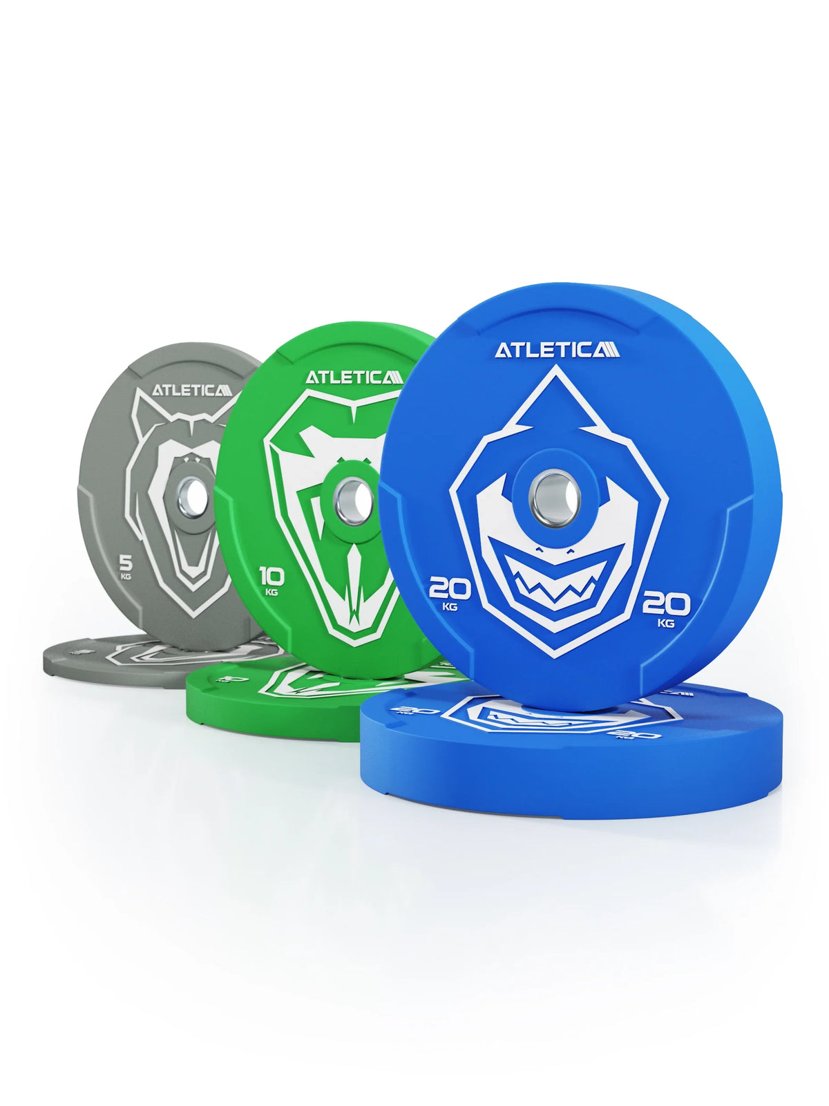 Atletica Animal bumper plates set 154 lb: gray, green and blue plate pairs, angled view