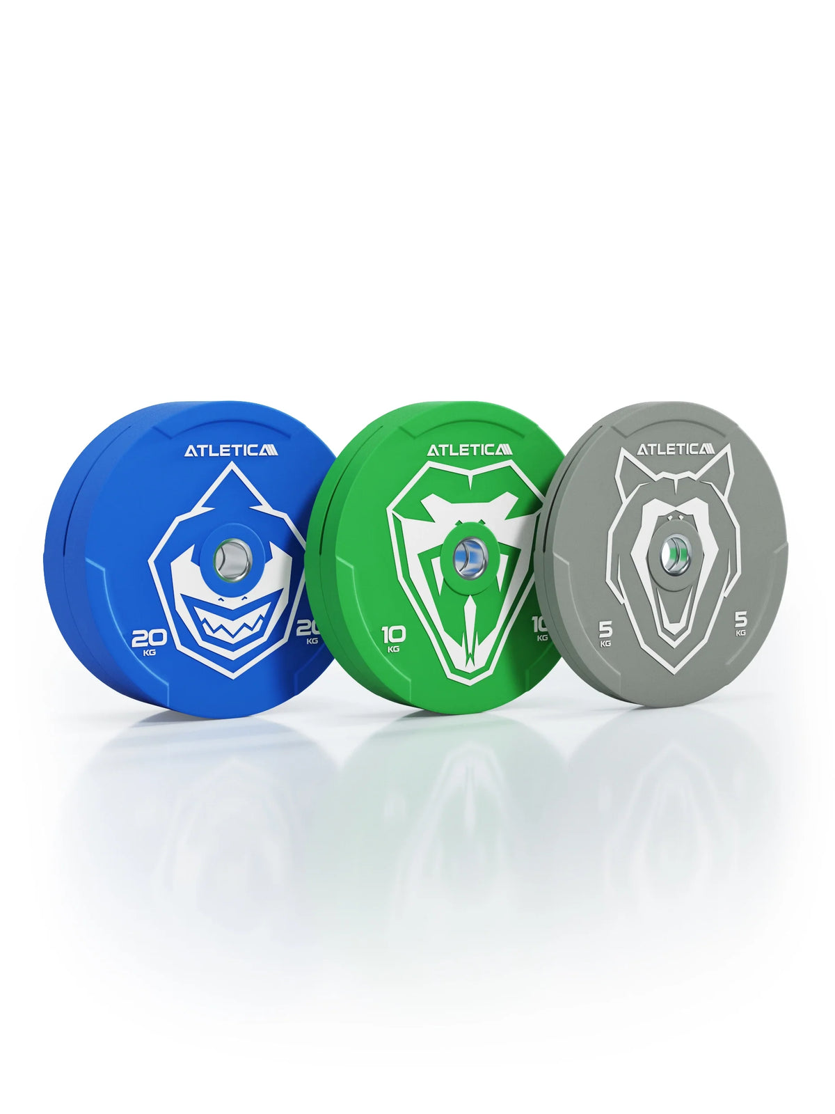 Atletica Animal bumper plates set 154 lb, blue, green and gray plates, front view