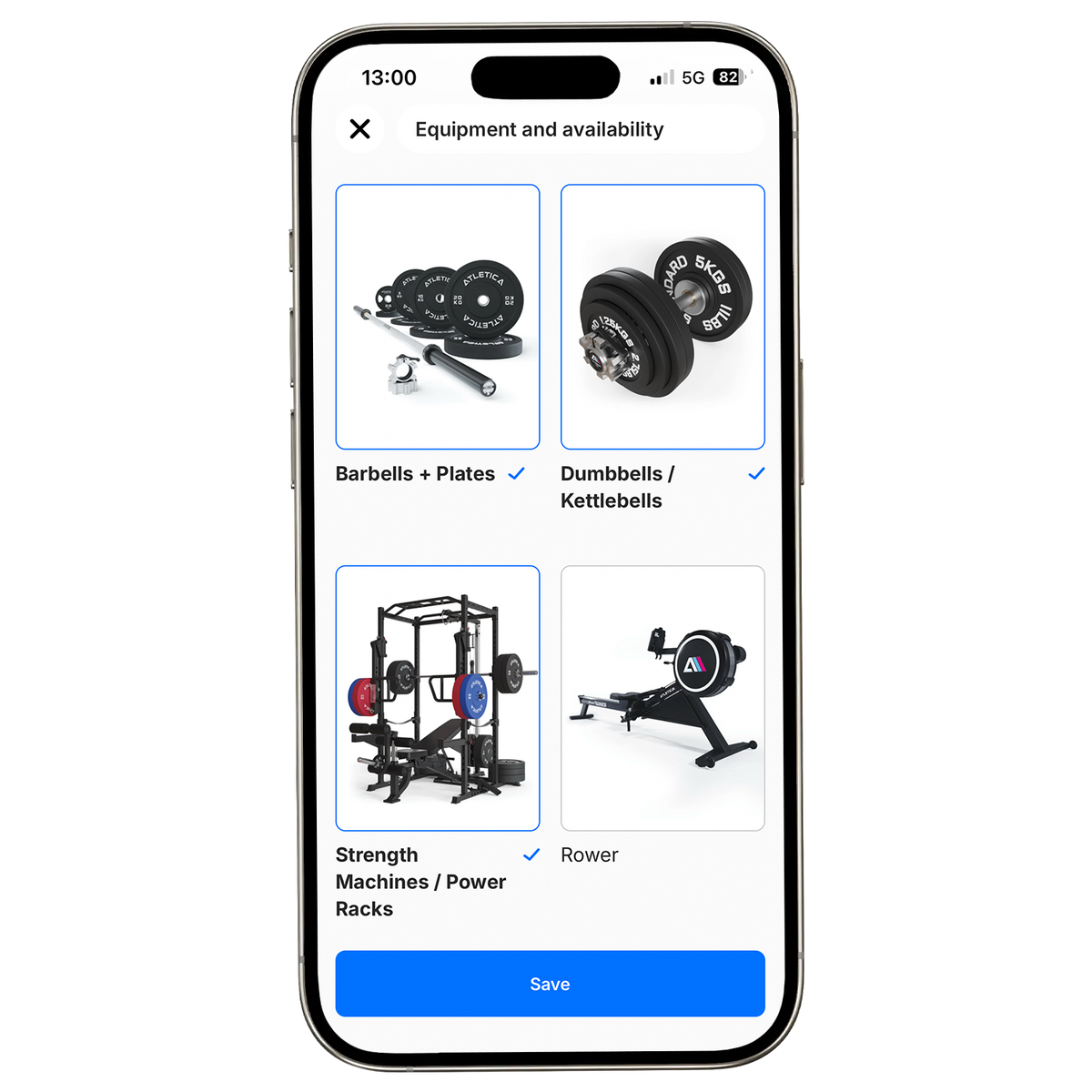 Atletica Training App Screenshot: Equipment-Auswahl
