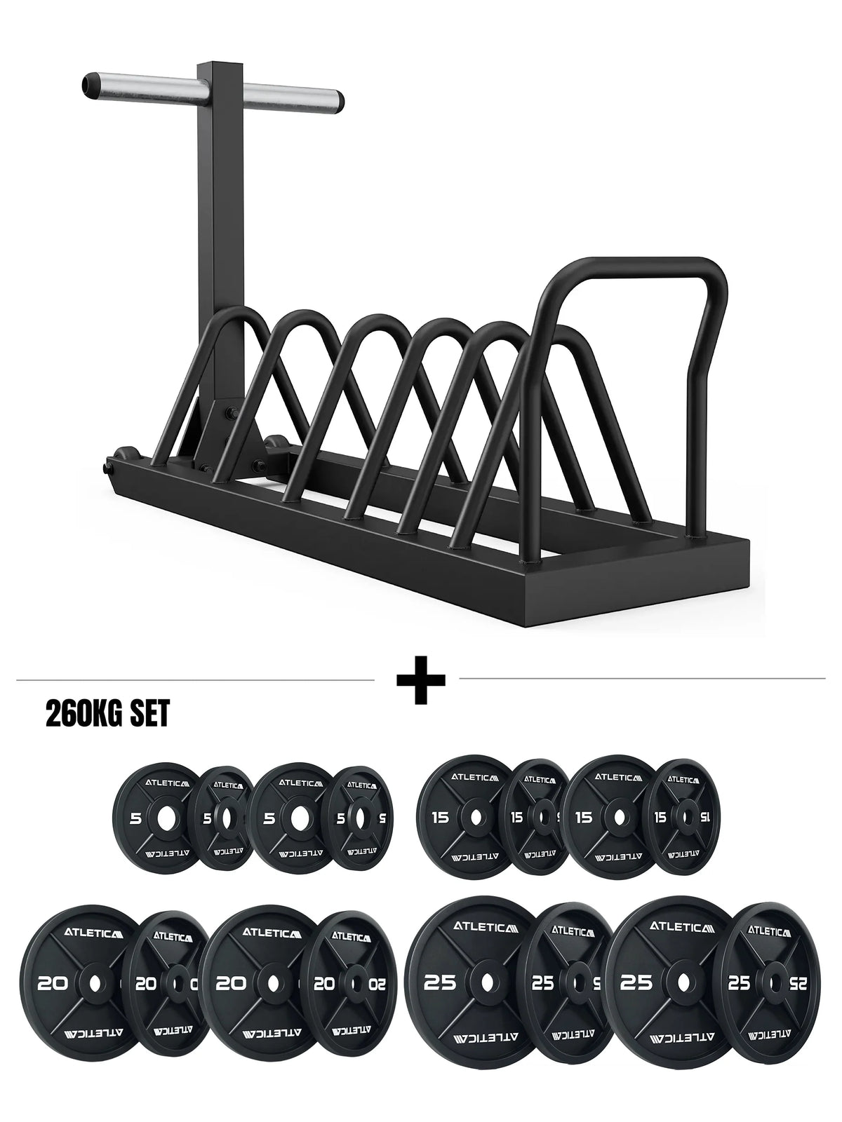 Atletica Armored Tusker Set - Black weight plate rack, silver handle, 580 lb weight plates