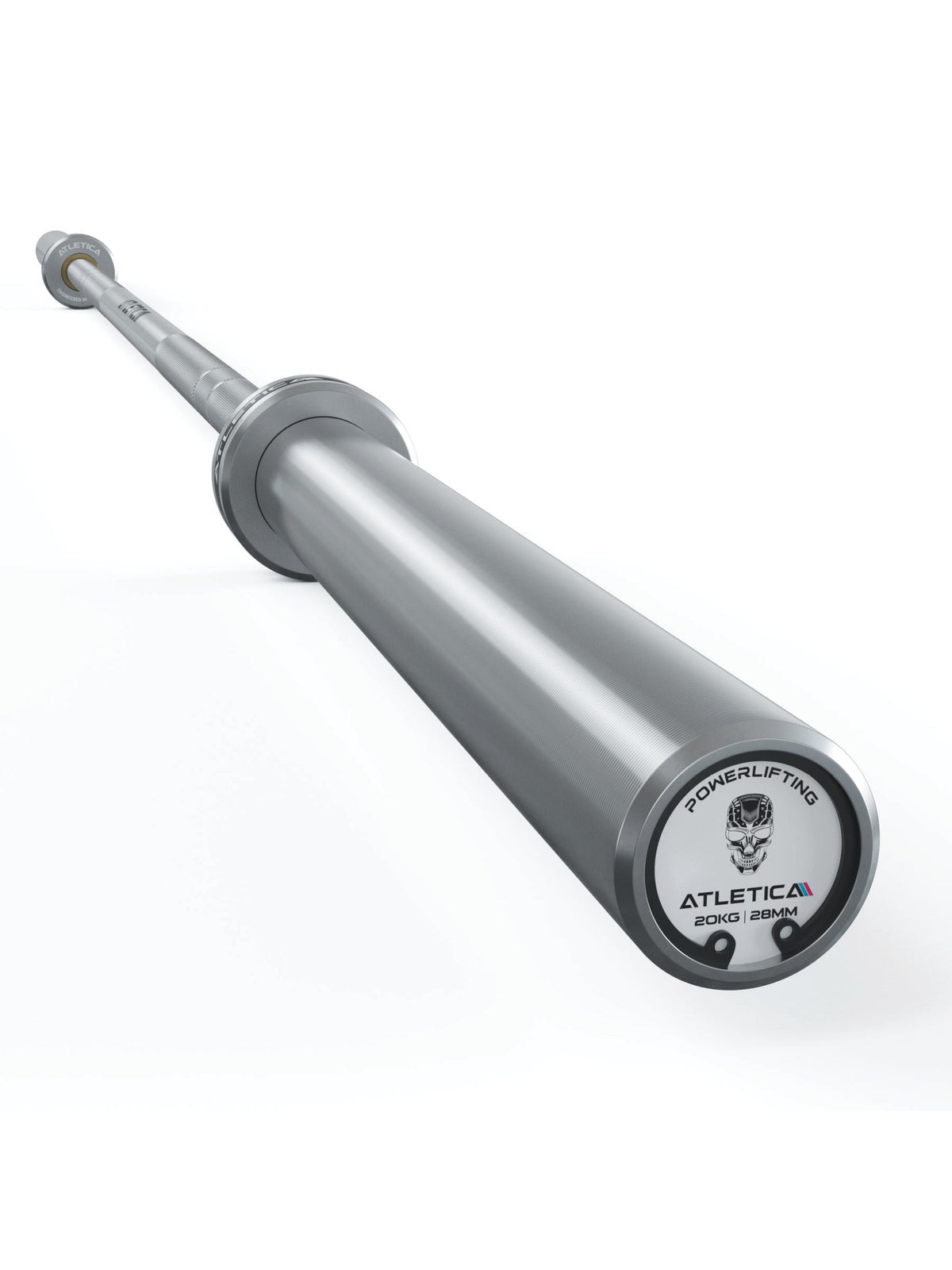 Atletica Gamma barbell, close-up of the end cap with logo