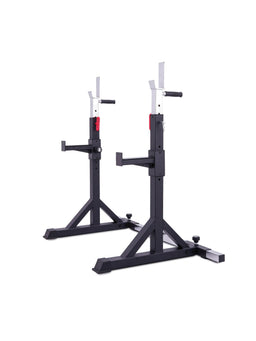 Atletica free-standing squat stands with adjustable height and J-hooks, angled view