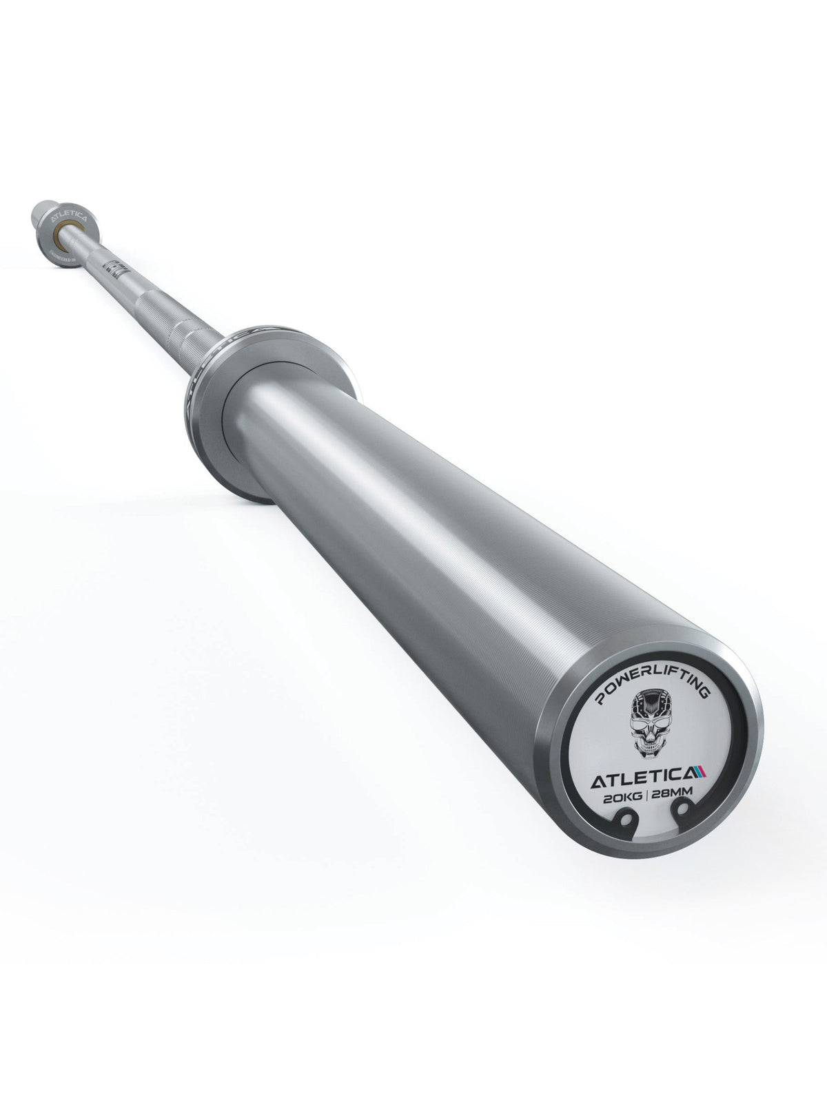 Atletica Gamma barbell, chrome, angled view of sleeve and end cap