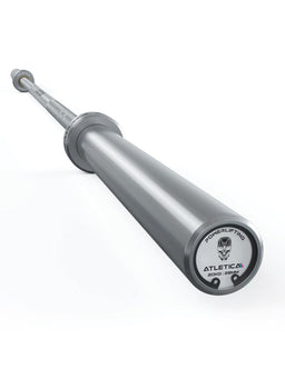 Atletica Gamma barbell, chrome, angled view of sleeve and end cap