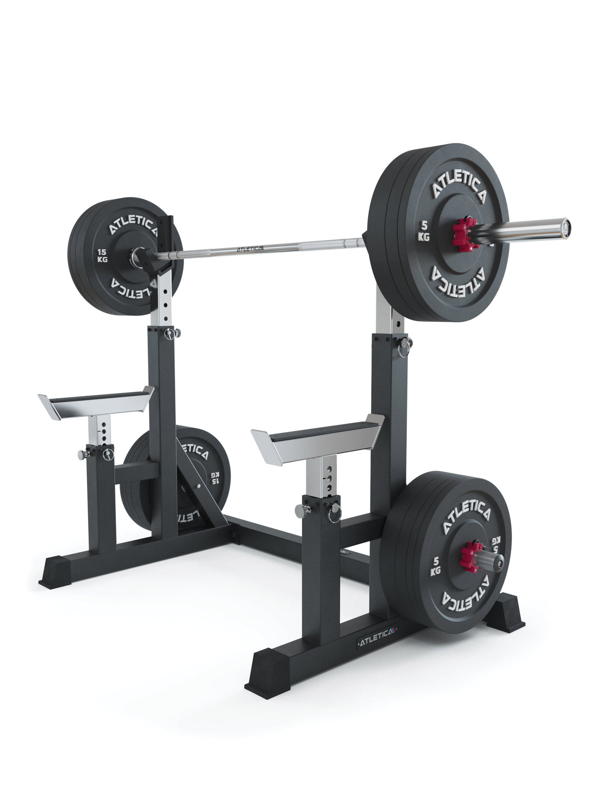 Atletica Dome squat rack set with Gamma barbell and weight plates loaded, angled view