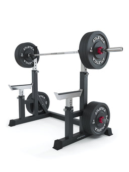 Atletica Dome squat rack set with Gamma barbell and weight plates loaded, angled view