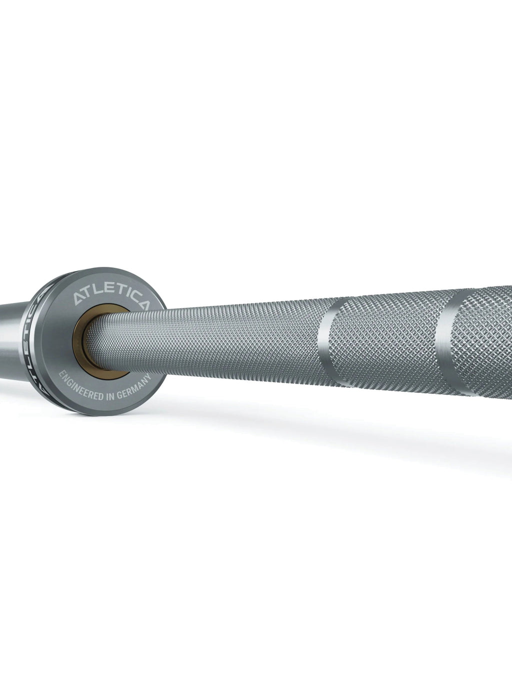 Atletica Gamma barbell, detail of the sleeve bushing and knurling