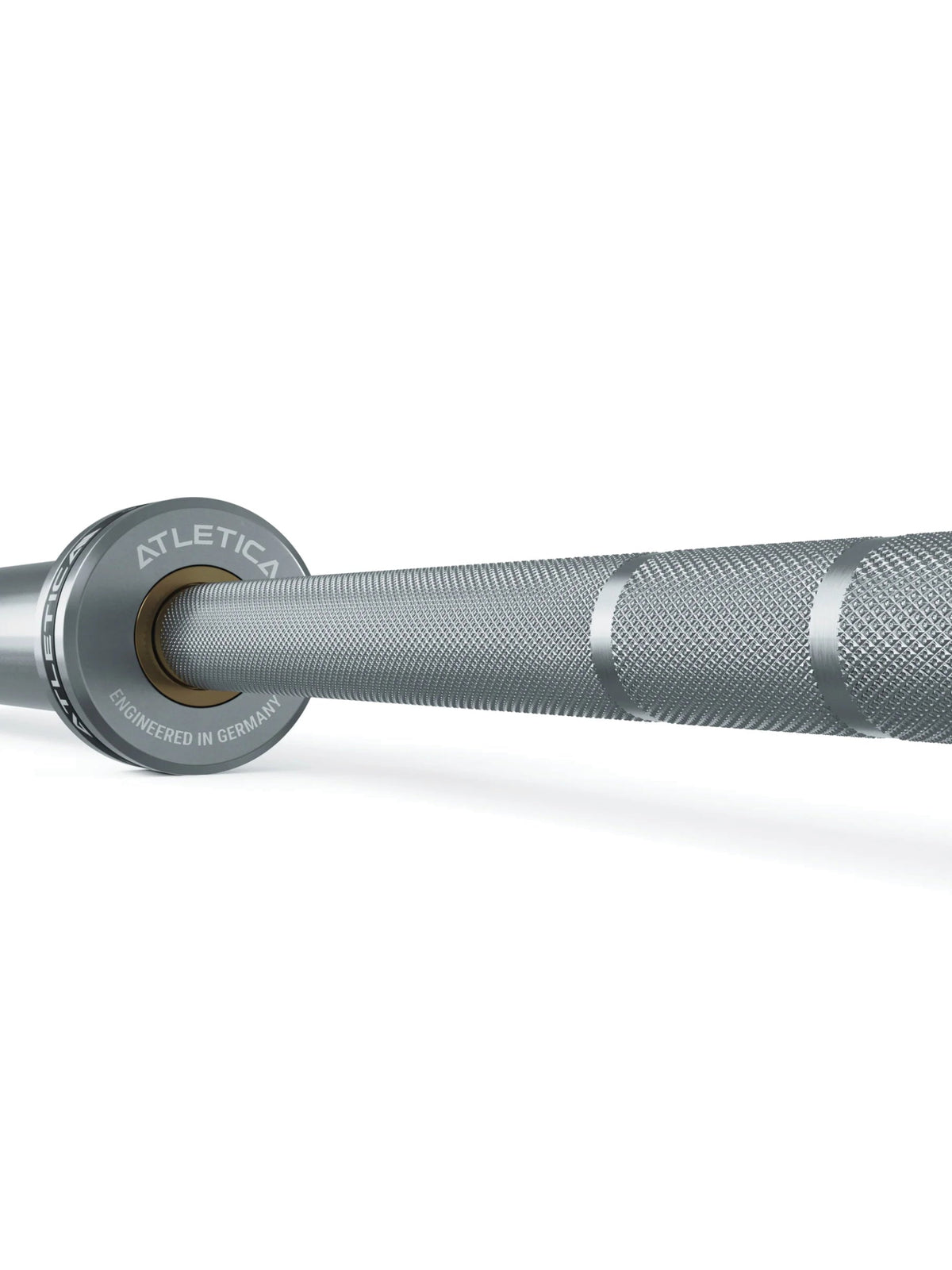 Atletica Gamma barbell, detail of the sleeve bushing and knurling
