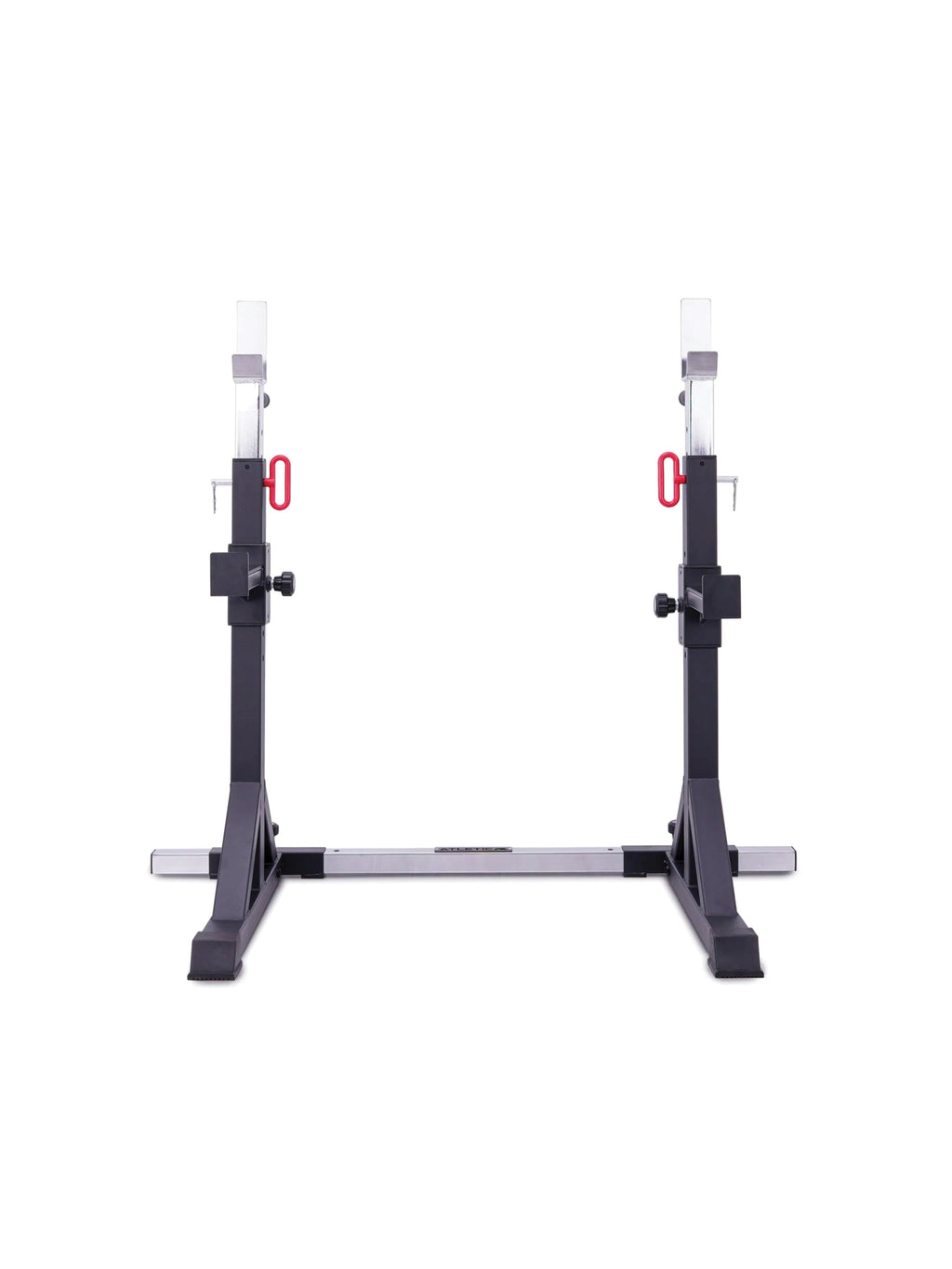 Atletica free-standing squat stands connected by a floor bar, front view