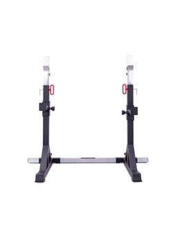 Atletica free-standing squat stands connected by a floor bar, front view