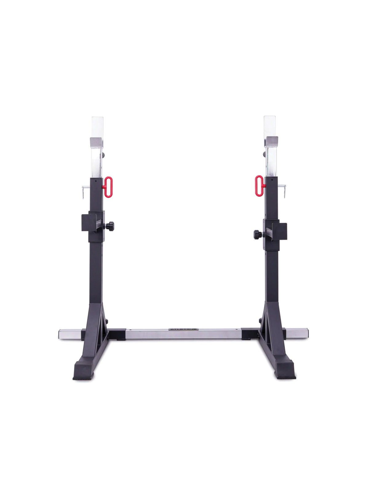Atletica free-standing squat stands connected by a floor bar, front view