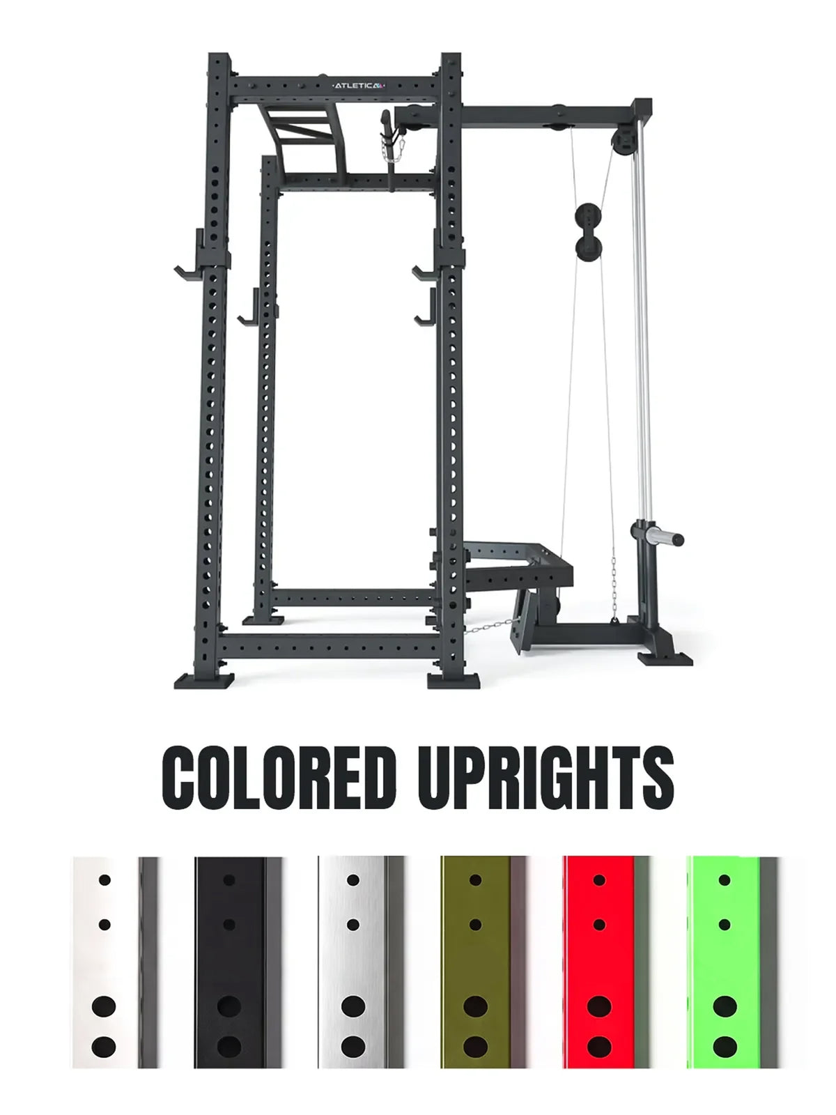 Atletica R8 BlackHawk power rack with lat pulley, graphic showing colored upright options