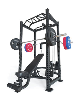 Power Rack R8-BlackHawk in black: Weight Bench, Multi-Grip Bar, 4 J-Hooks, bar and weights