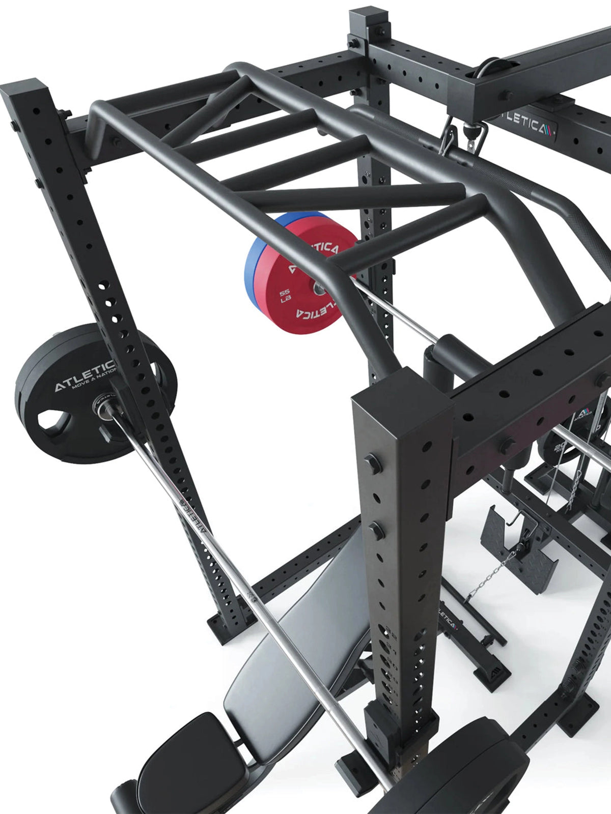 Power Rack R8-BlackHawk in black: with Multi-Grip pull-up bar, top view of the cage