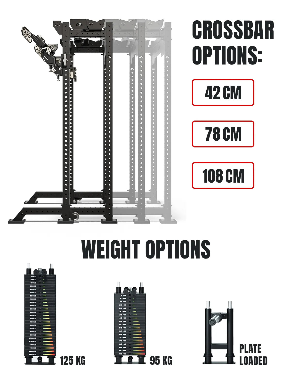 Atletica R8 Bradley EXO options graphic: 17, 31 or 43 inch crossbar, 276 lb, 210 lb or plate-loaded stacks