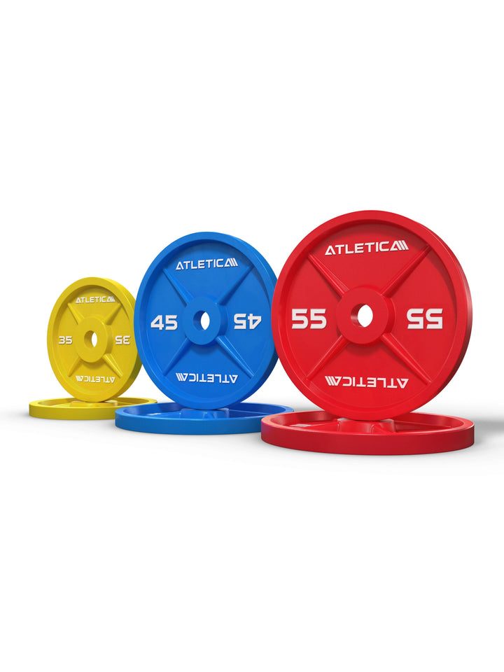 Color Iron Plates - yellow, blue, red weight plates 270 lb Set, weight markings 35, 45, 55 lb