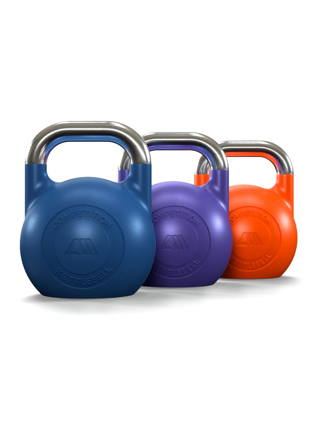 Atletica competition kettlebell set 26, 44 and 62 lb in blue, purple and orange, angled view