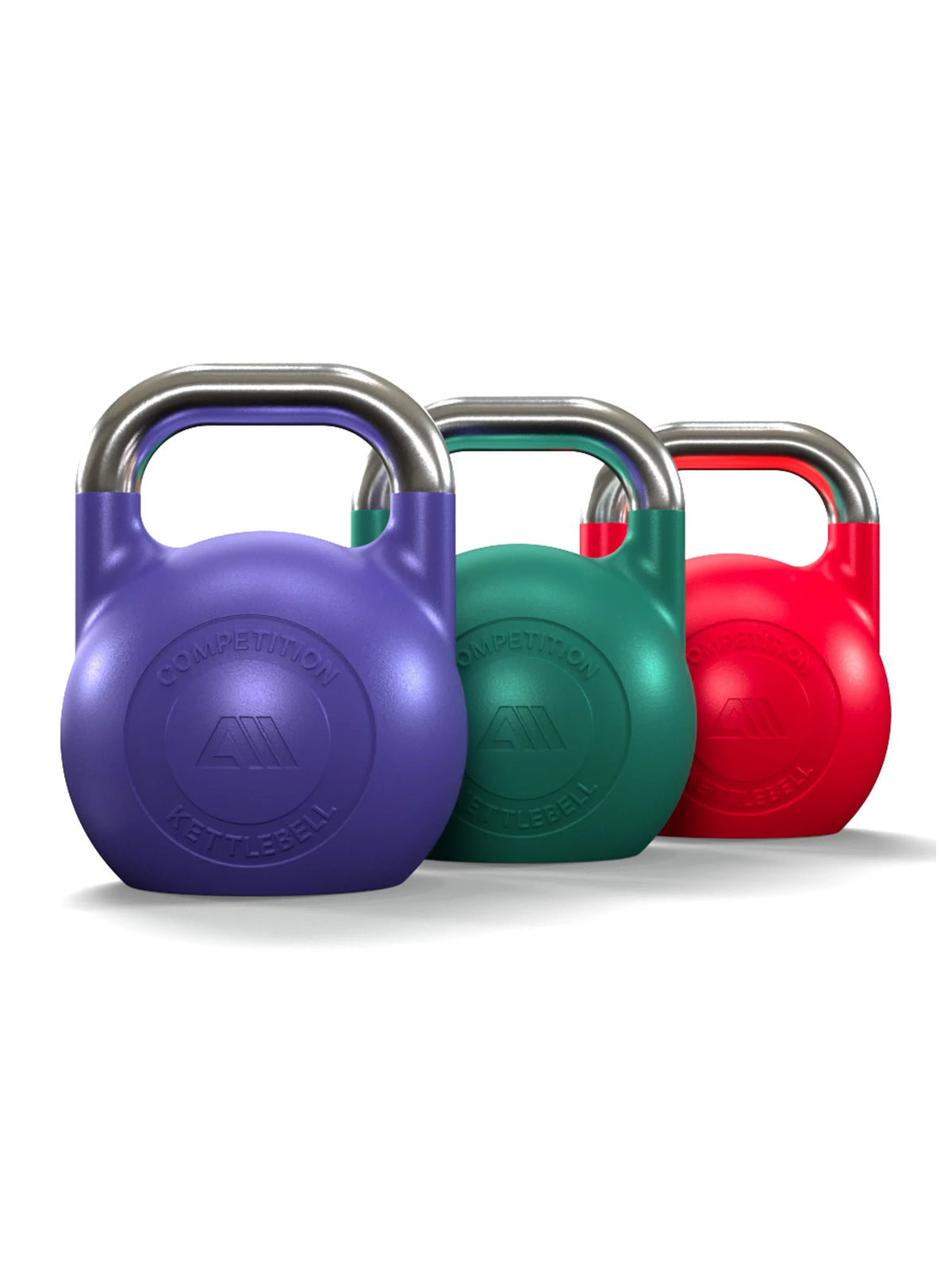 Atletica competition kettlebell set 44, 53 and 70 lb in purple, green and red, angled view