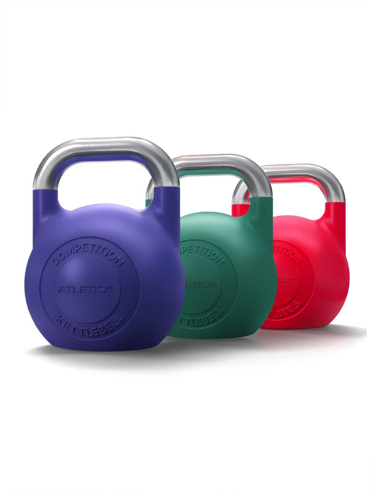 Competition Kettlebell Set - three Competition kettlebells in purple, green, red, with silver handle