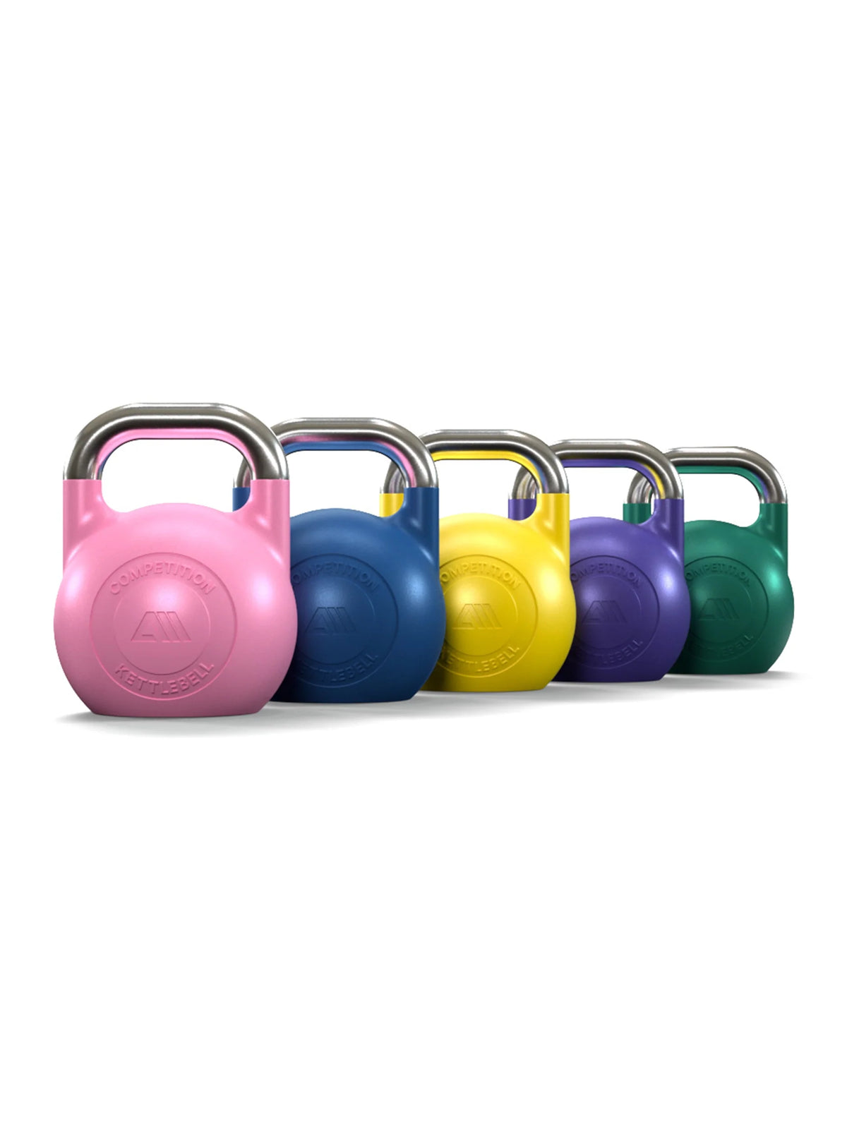 Atletica competition kettlebell set 18, 26, 35, 44 and 53 lb in pink, blue, yellow, purple and green