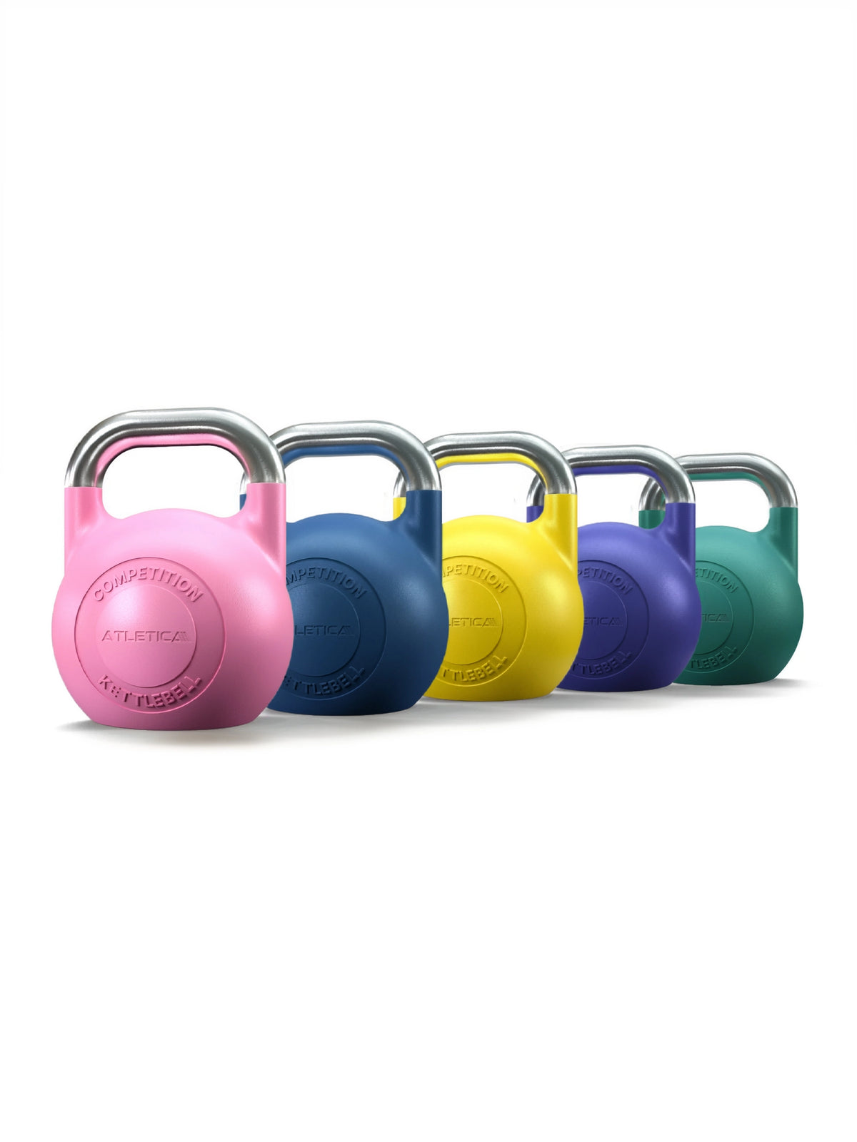 Atletica Competition Kettlebell Set - colorful kettlebells in a row, colors: pink, blue, yellow, purple, green