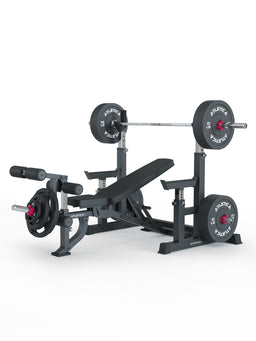 Dome Adjustable Squat Stand Loaded with Barbell with Bumper Plates and B2 Weight Bench with Leg Option