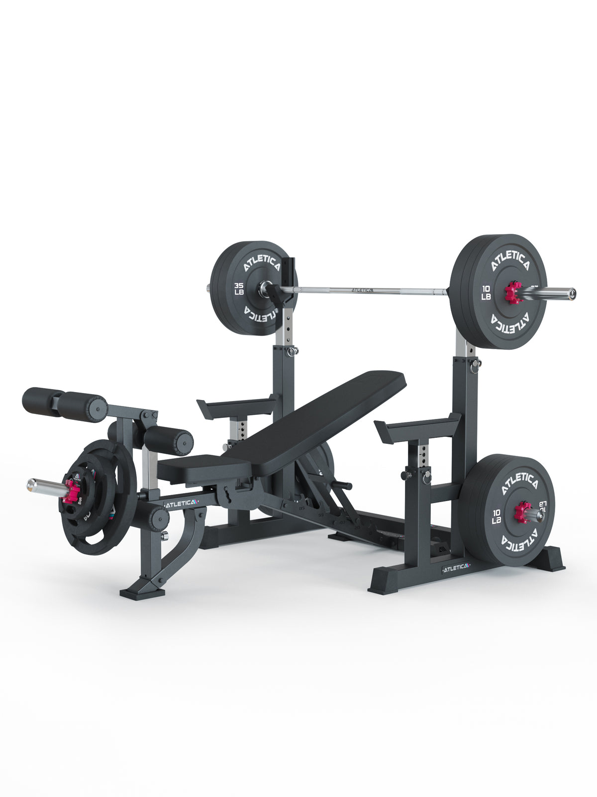 Dome Adjustable Squat Stand Loaded with Barbell with Bumper Plates and B2 Weight Bench with Leg Option
