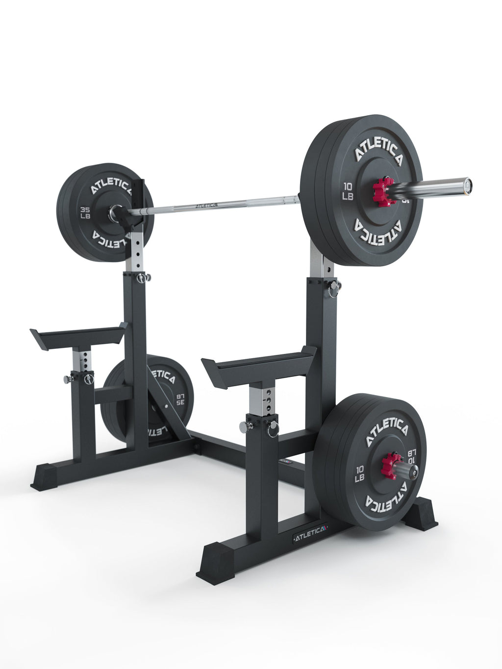 Dome Adjustable Squat Stand - Barbell and Weight Plate Storage Loaded with Bumper Plates and Red Collars