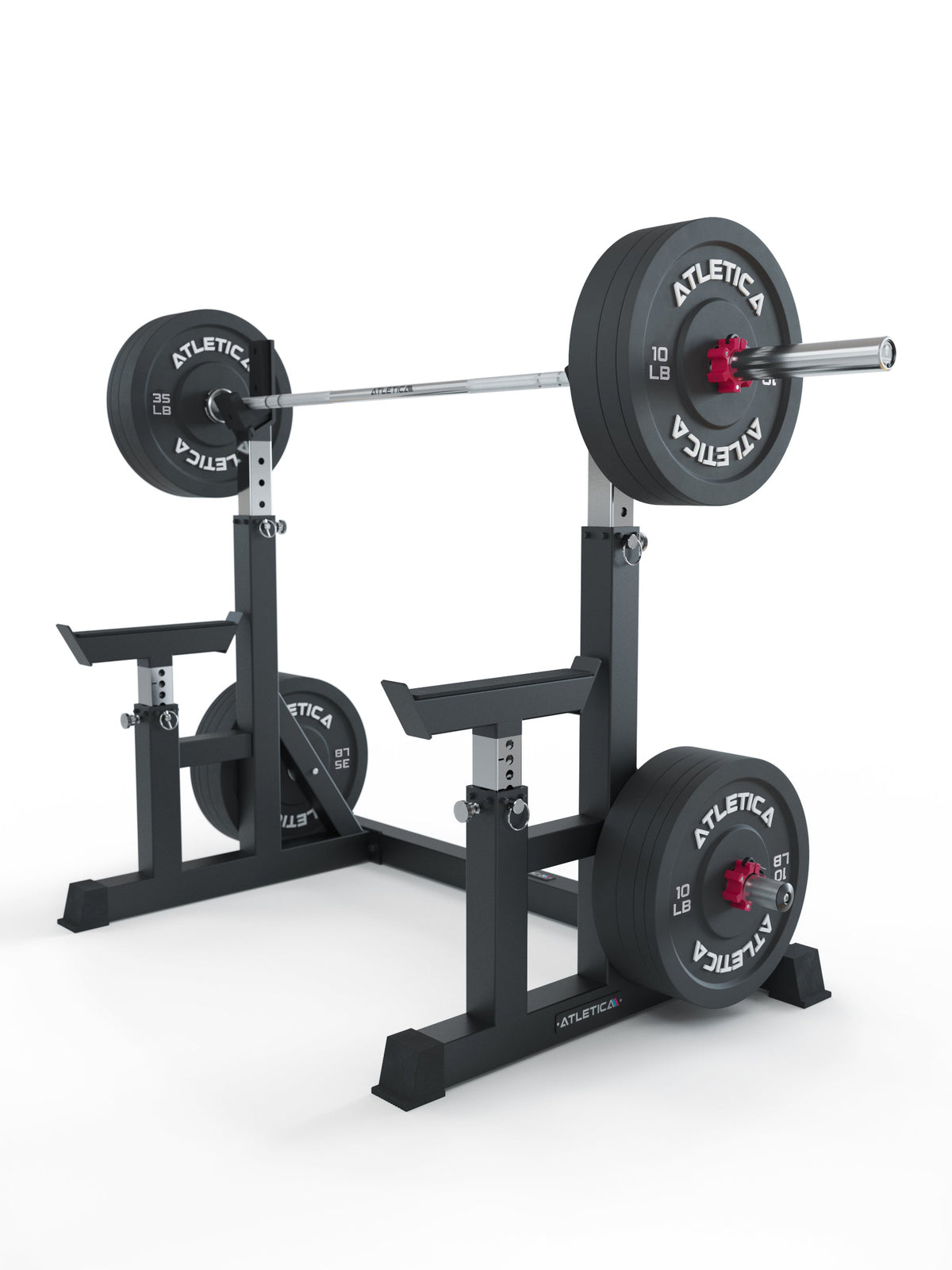 Dome Adjustable Squat Stand - Barbell and Weight Plate Storage Loaded with Bumper Plates and Red Collars
