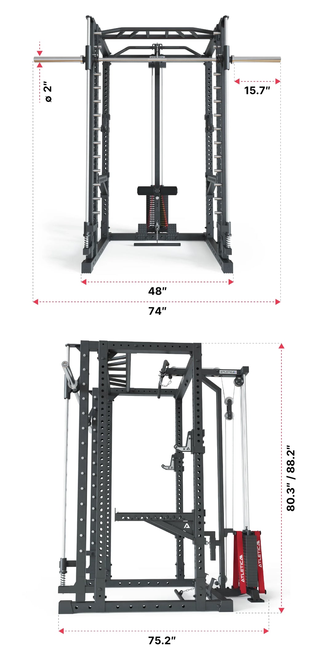 Atletica Power Rack R7-Daemon with integrated Smith Machine and Lat Pulldown in black steel construction