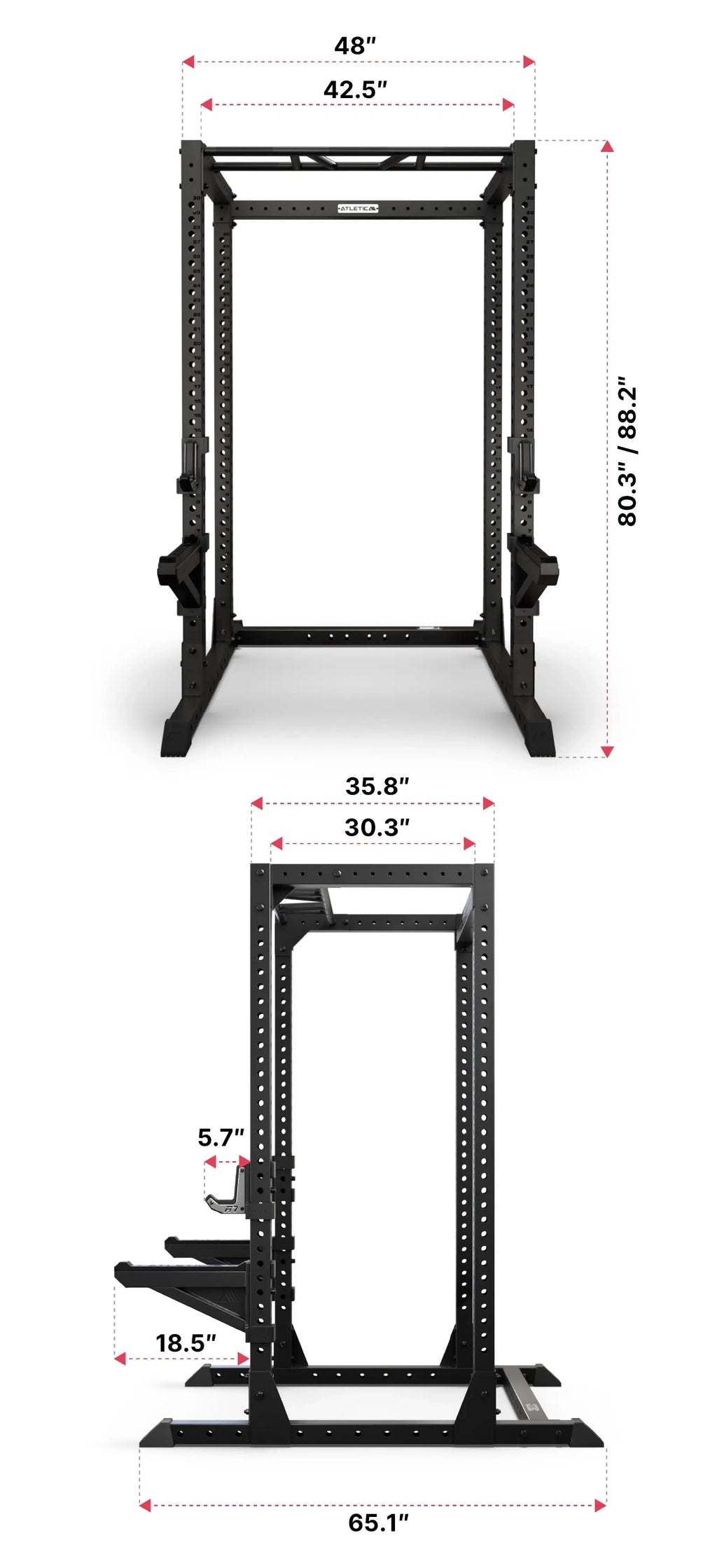 Atletica R7 Root Power Rack 80" with Performance J-Hooks and Spotter Arms, Raptor Weight Bench, barbell with Bumper Plates and wooden gymnastic rings
