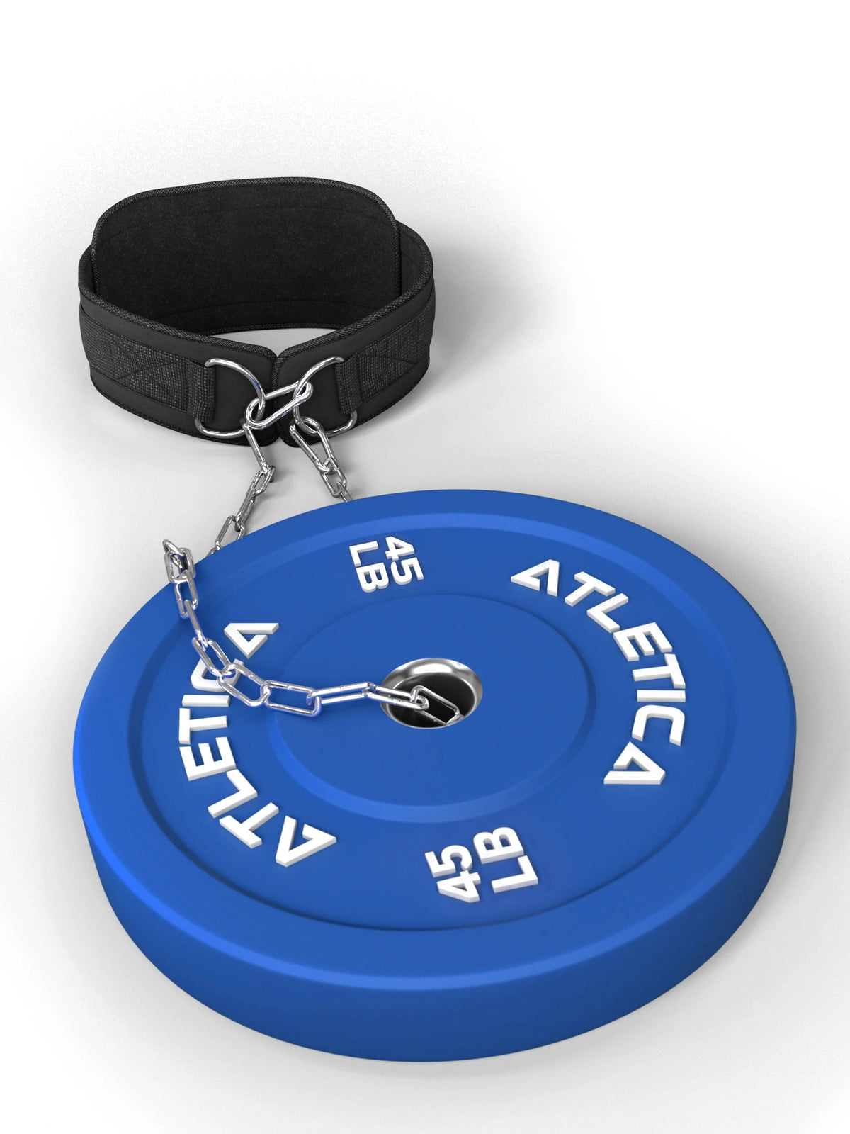 Legend Dip Belt with chain - attached to a blue Color Bumper Plate weight plate