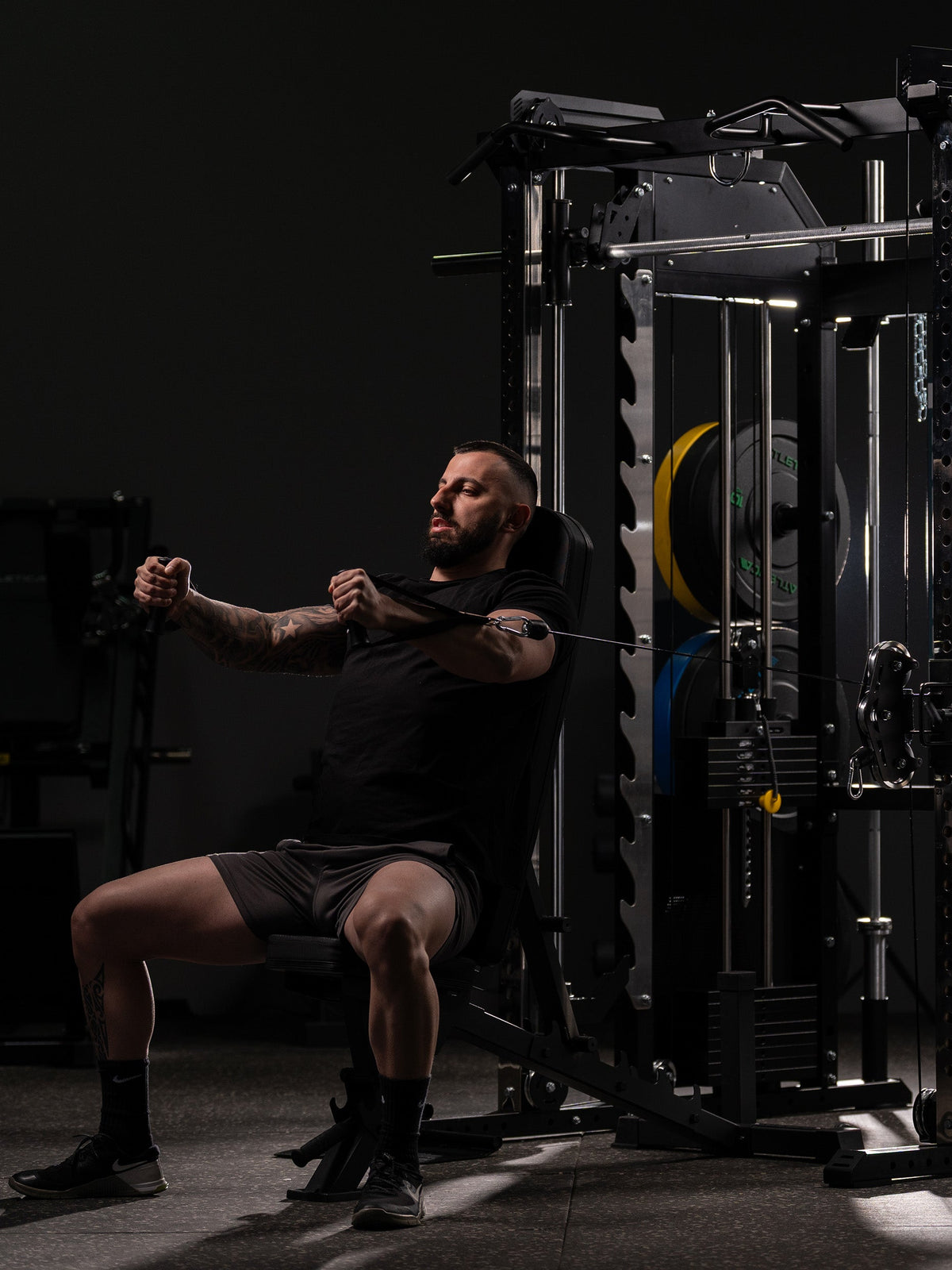Cable Fly on the Fallout PRO with weight bench and dual cable pulley