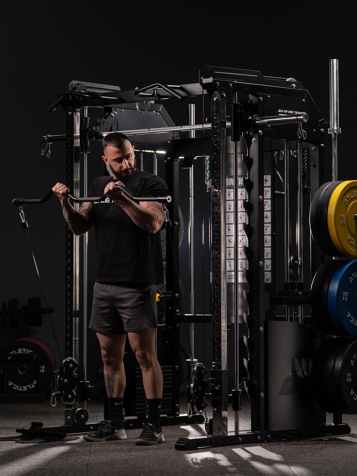 Free-weight training on the Fallout Home Gym with Barbell and rack accessories