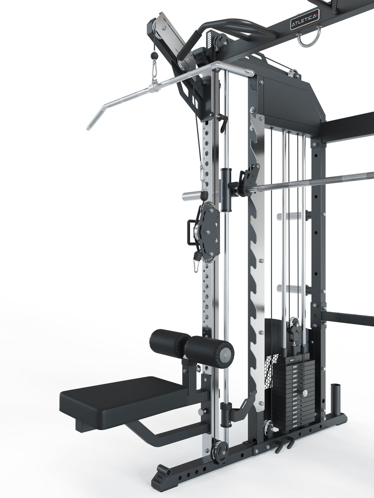 Lat Pulldown Extension of the Fallout PRO with seat and height-adjustable knee padding