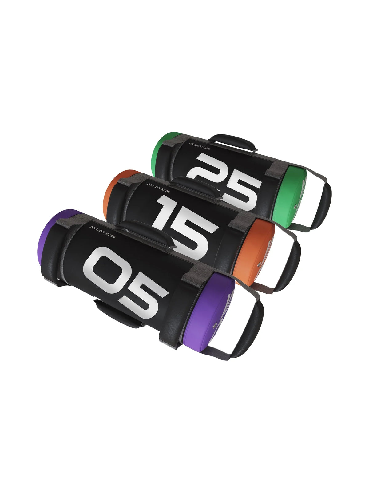 Power Bag Set 10, 35 and 55 lb with handles, colored ends in purple, orange, green