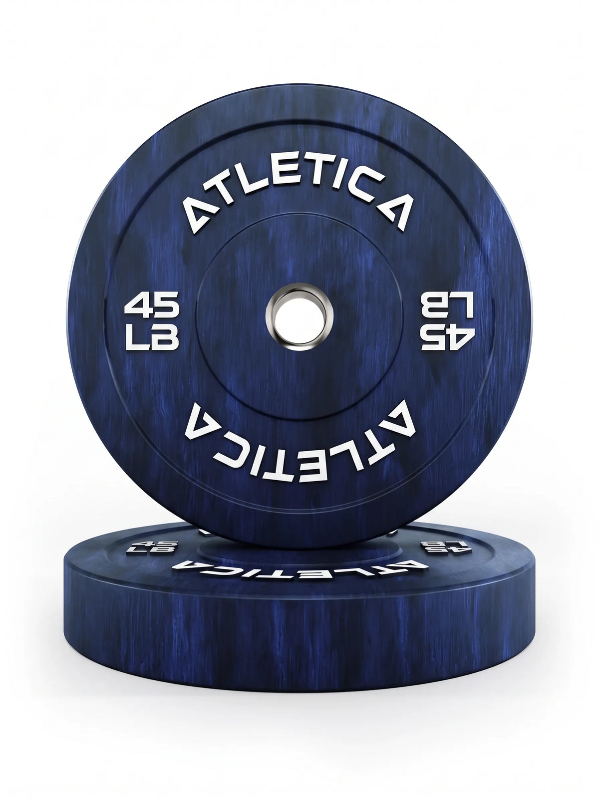 Atletica Fusion Bumper Plates - Two blue weight plates, 45 lb, with metal ring in the center, for weightlifting