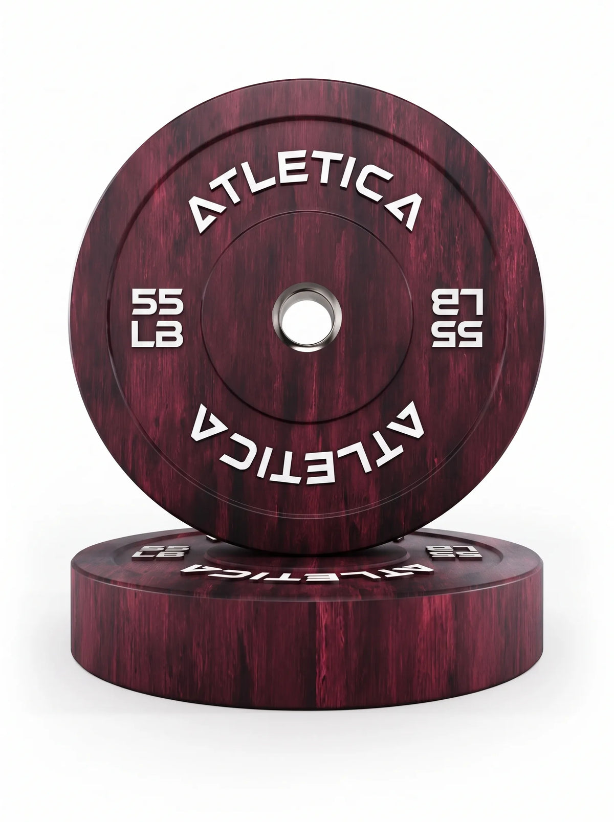 Atletica Fusion Bumper Plates - two red weight plates, 55 lb, standing upright and lying