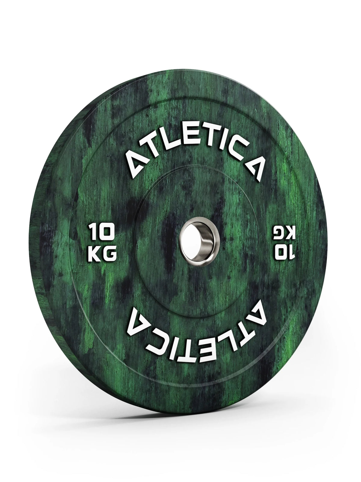 Atletica Fusion bumper plate 22 lb, green marbled, angled front view