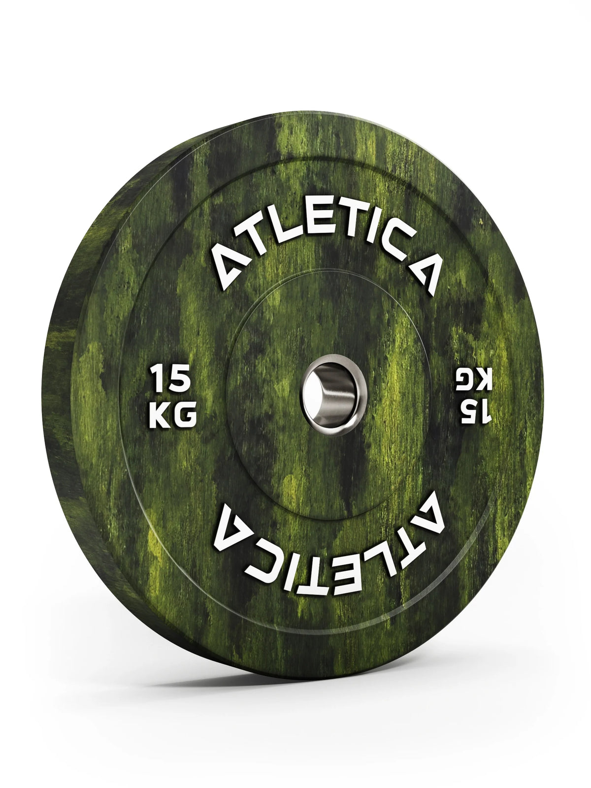 Atletica Fusion bumper plate 33 lb, olive green marbled, angled front view