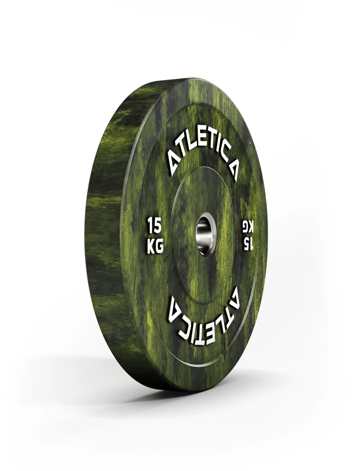 Atletica Fusion bumper plate 33 lb, olive green marbled, side view