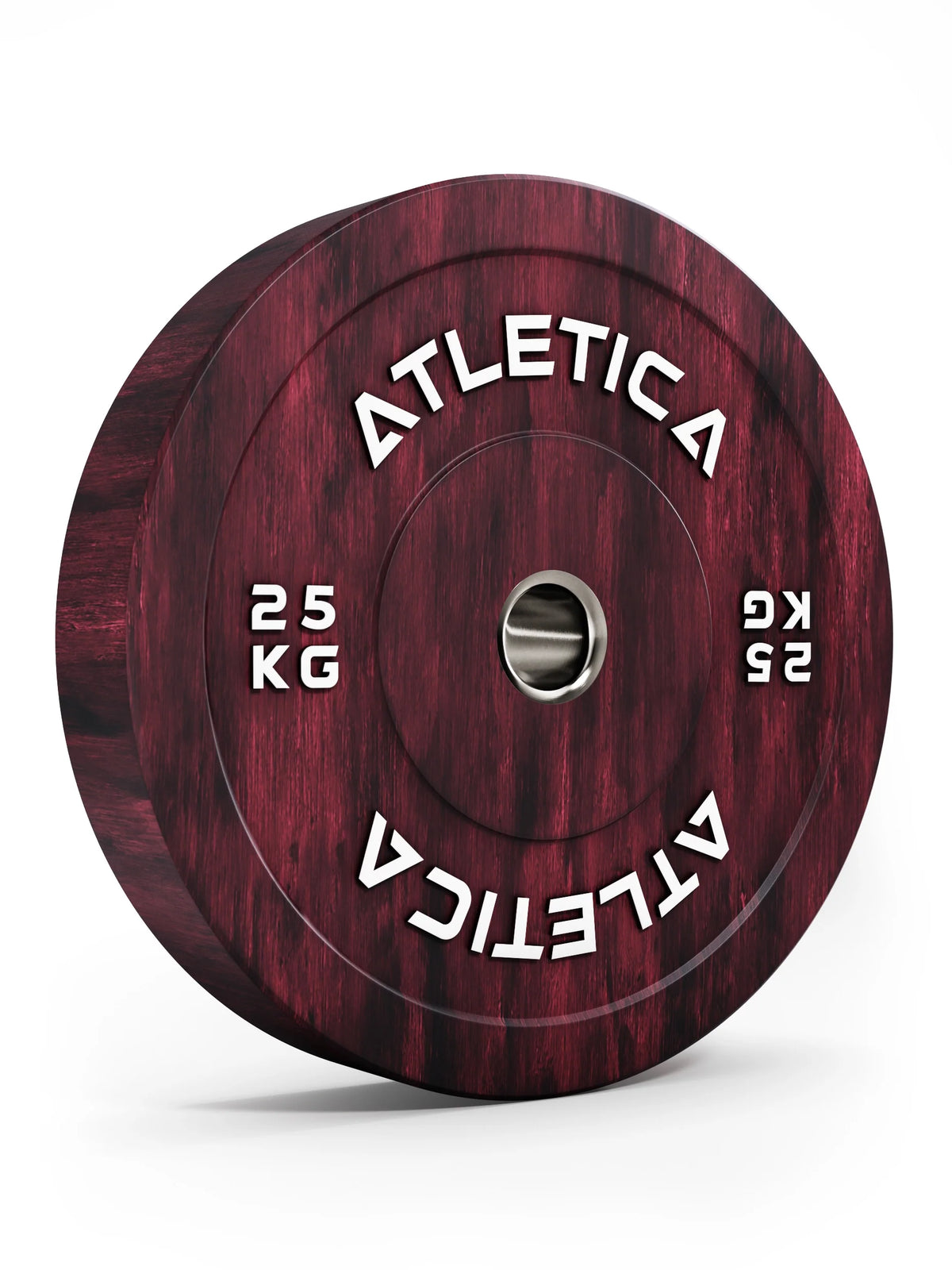 Atletica Fusion bumper plate 55 lb, red marbled, angled front view