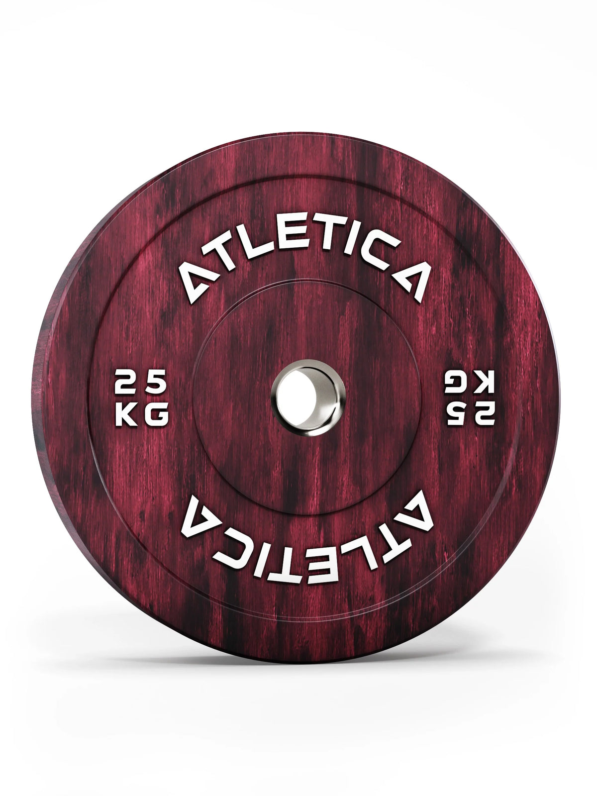 Atletica Fusion bumper plate 55 lb, red marbled, front view