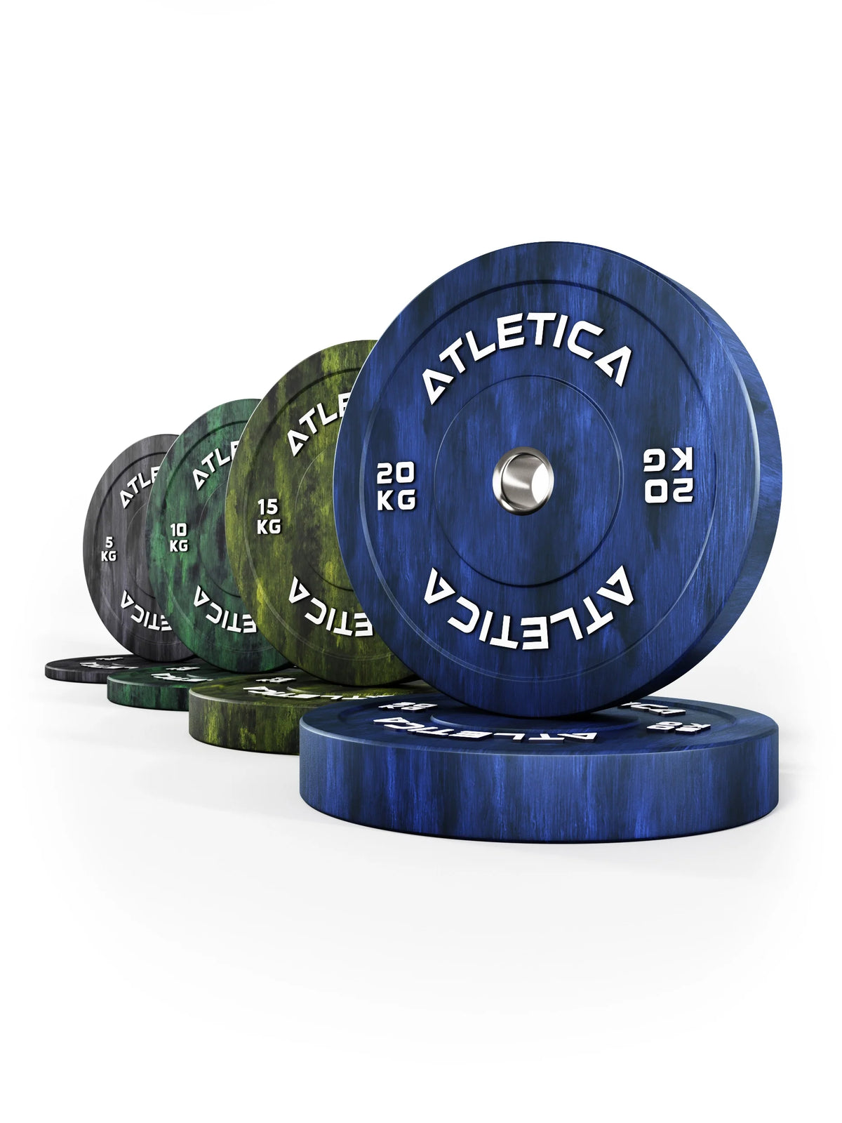 Atletica Fusion bumper plate set 220 lb, marbled plates lined up with blue 44 lb pair in front